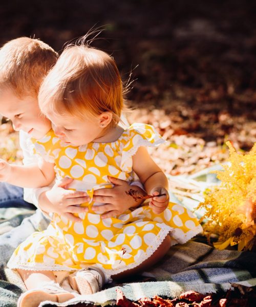 Brother and sister play on the blanket in sunny park